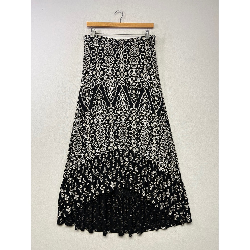 Boho Damask ELLE Womens Small Black White High Low Ruffle Maxi Skirt Festival